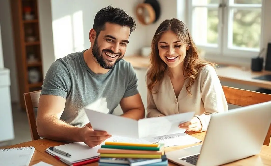 A happy couple planning a budget for their first home