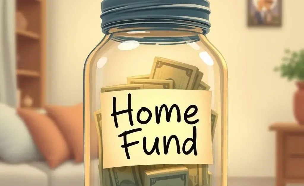 Illustration of a savings jar labeled 'Home Fund' filling up with dollar bills