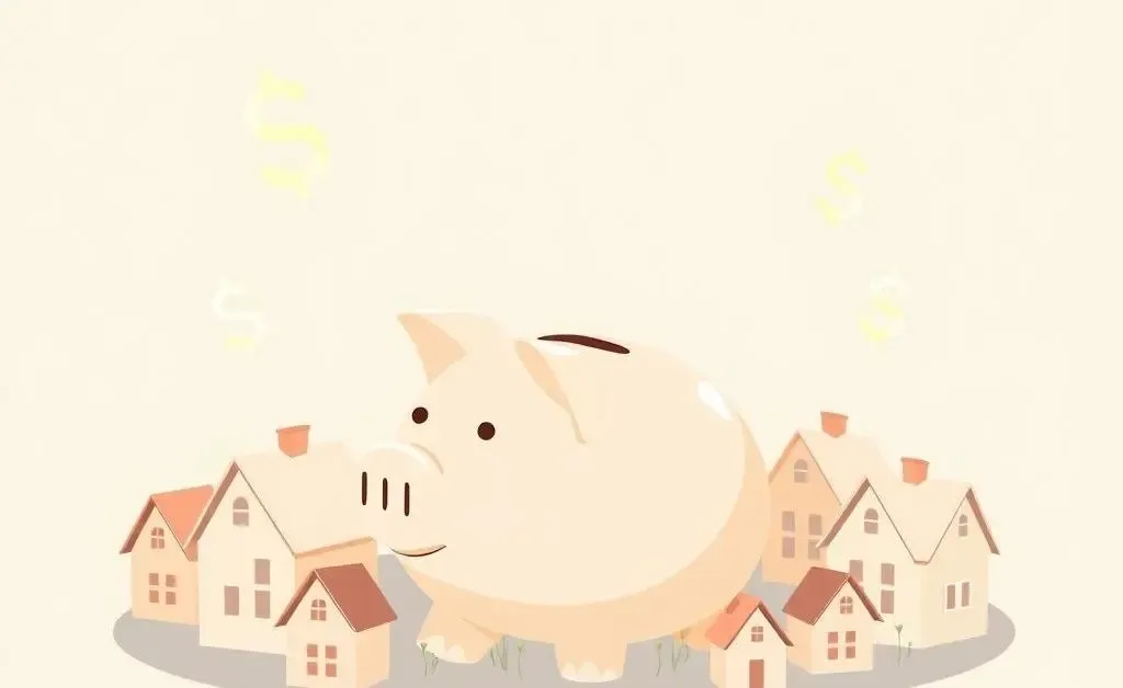 Minimalist drawing of a piggy bank surrounded by tiny houses and dollar signs.