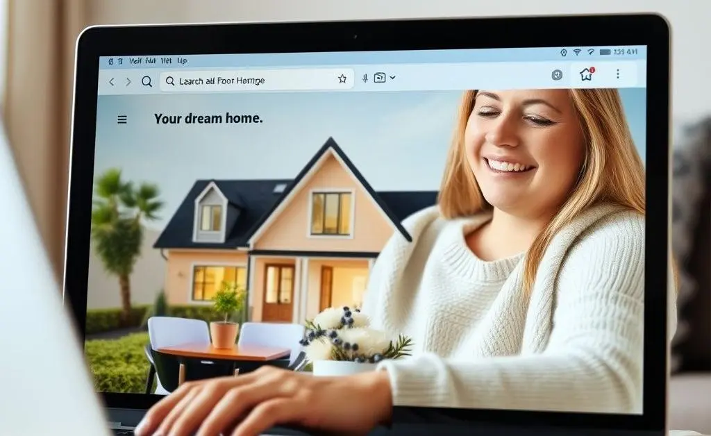 A person happily searching for their dream home on a laptop