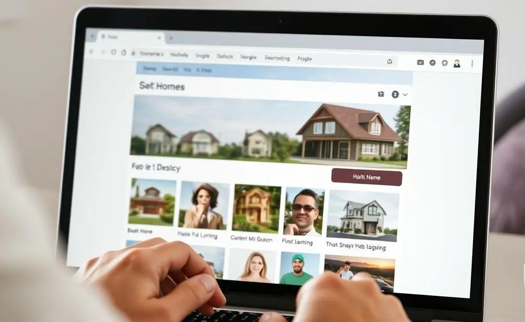 A person searching for homes on their laptop with a cup of coffee beside them.