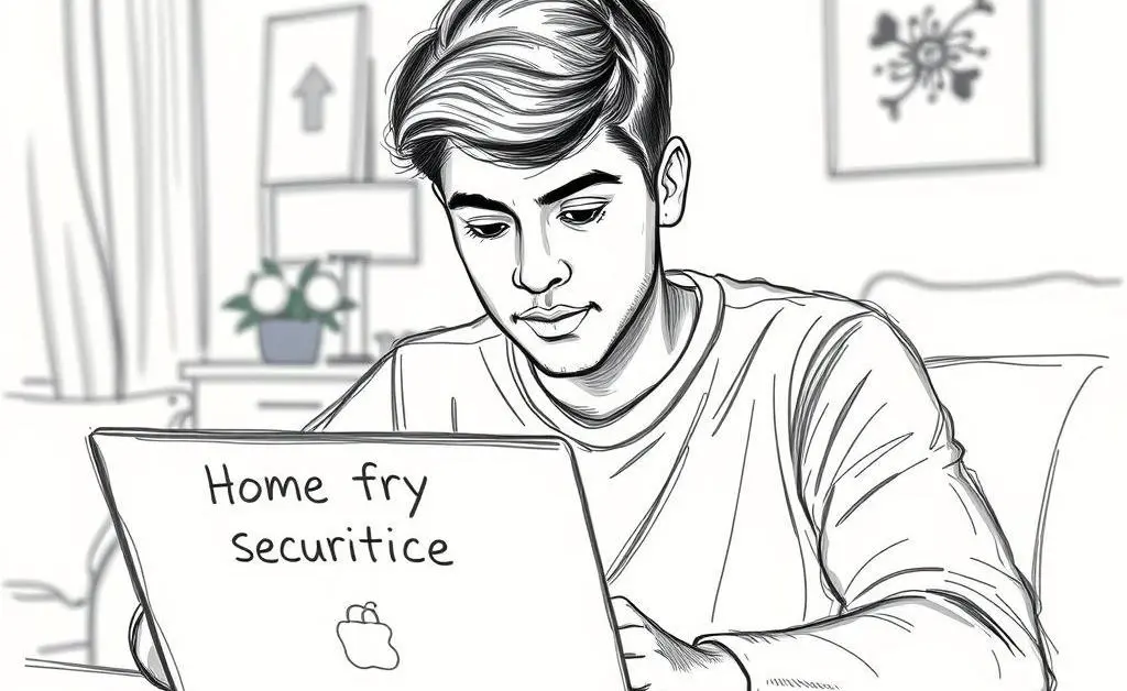 A hand-drawn image of a person reviewing home security tips on a laptop.