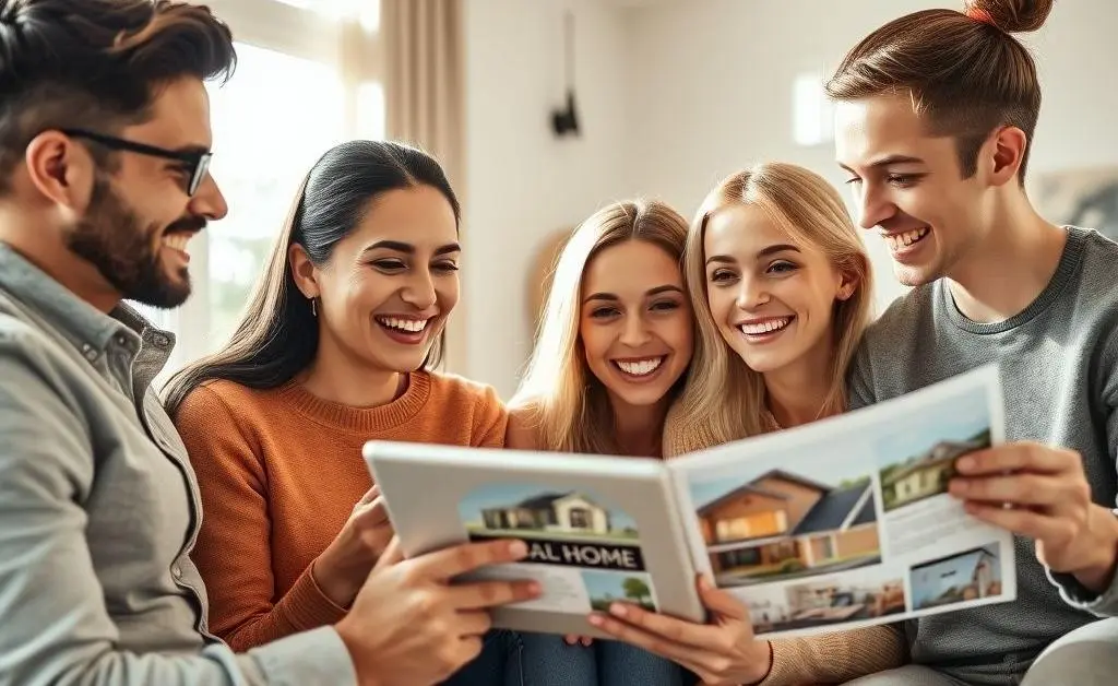 A family looking happy while searching through home listings