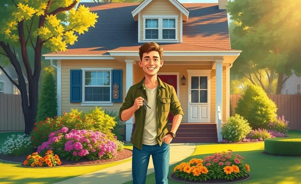 Illustration of a new homeowner standing proudly in front of their house.