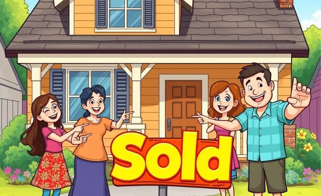 A cartoon-style family standing in front of a house, pointing cheerfully at a 'Sold' sign.