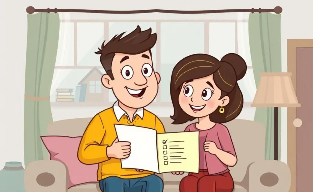 Cartoon-style depiction of a couple reviewing a checklist of home upgrade considerations.