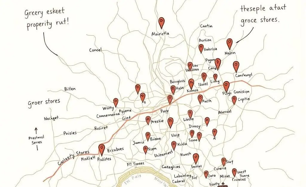 Hand-drawn chart showing the correlation between grocery stores and property values.
