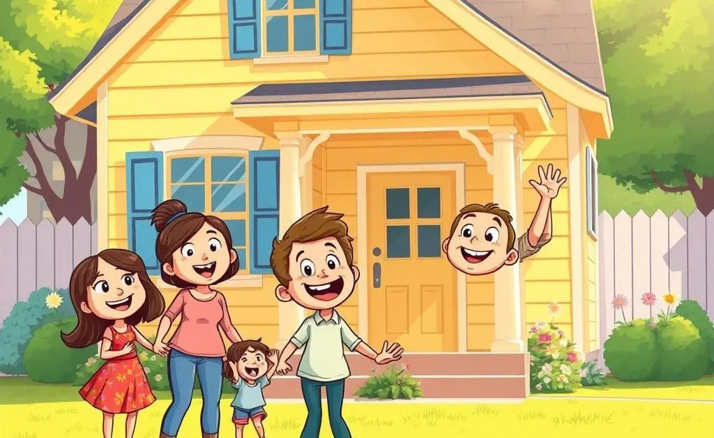 Cartoon-style drawing of a family viewing a potential home with excitement.