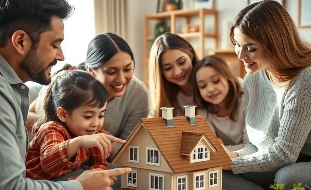 A family viewing a house model together, indicating the importance of family decisions in home buying.