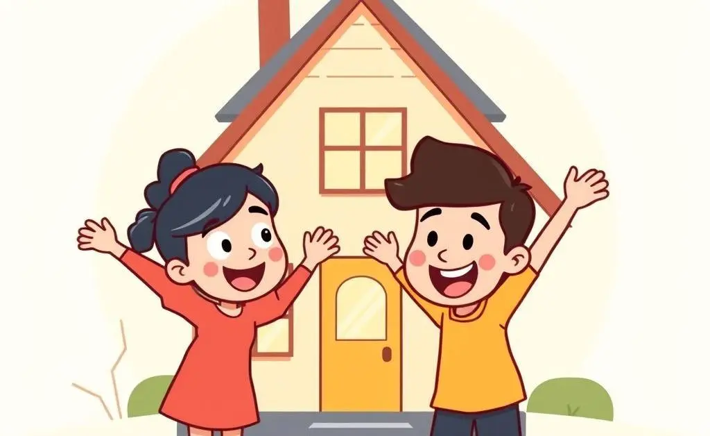 A couple excitedly viewing a house drawn in a minimalist cartoon style.