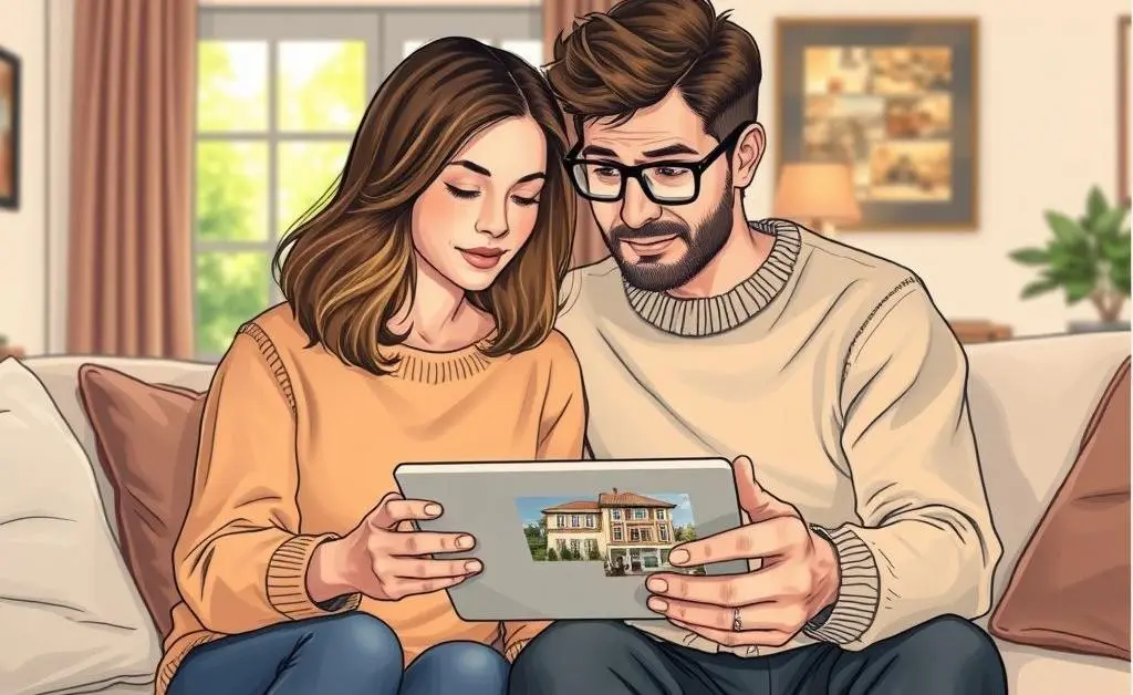 Drawing of a couple pondering a house purchase while looking at a tablet