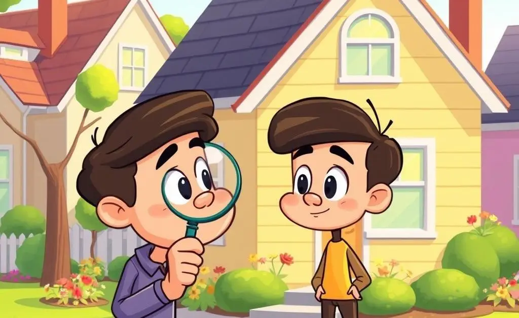 A cartoon of a thoughtful homebuyer inspecting a house