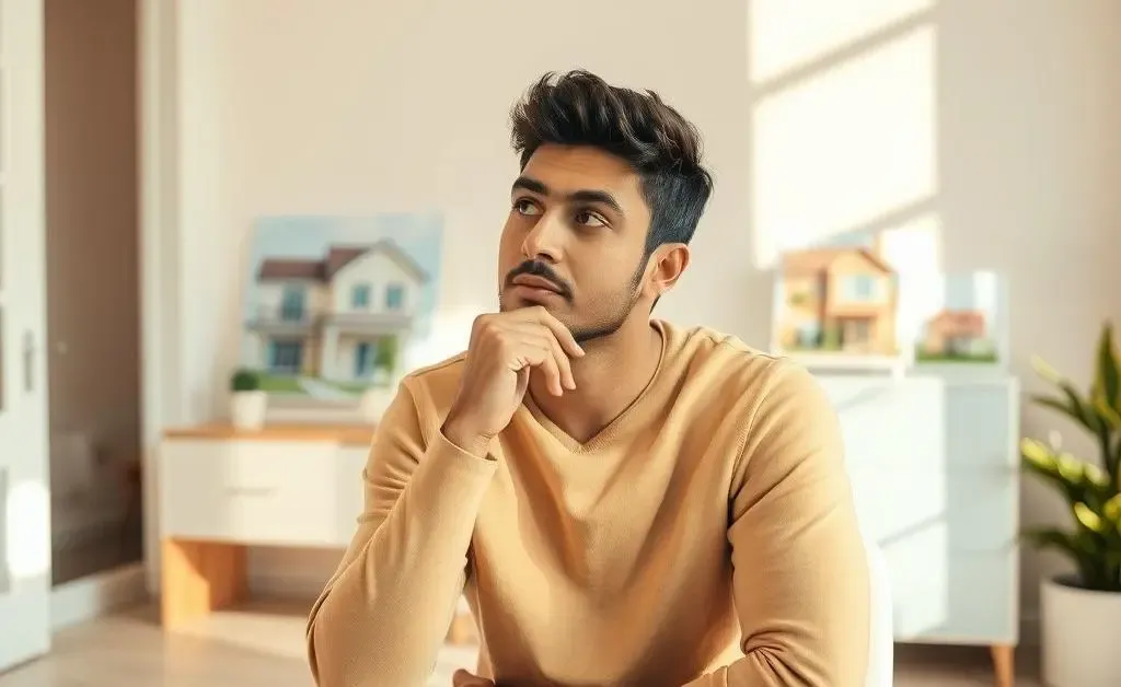 A person sitting in a calm setting with a calculator and checklist, contemplating a home purchase.