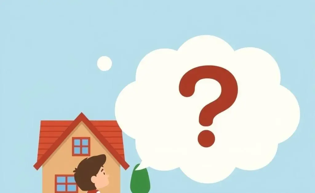 A thought bubble with a question mark over a cartoon character looking at a house, representing decision-making in real estate