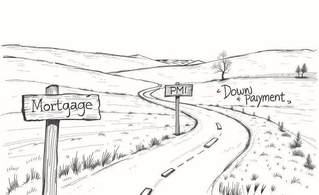 A winding road illustrating homebuying with mortgage and PMI signposts.