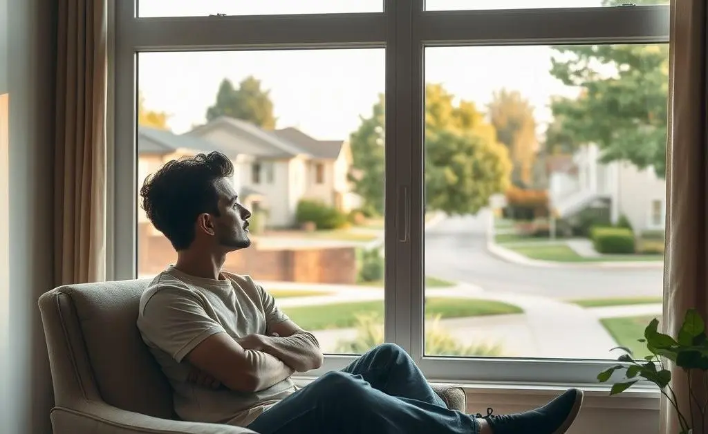 A person sitting comfortably by a window looking out at a neighborhood, reflecting on home buying.