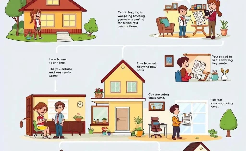 A step-by-step cartoon diagram showcasing the homebuying process from viewing homes to signing papers.