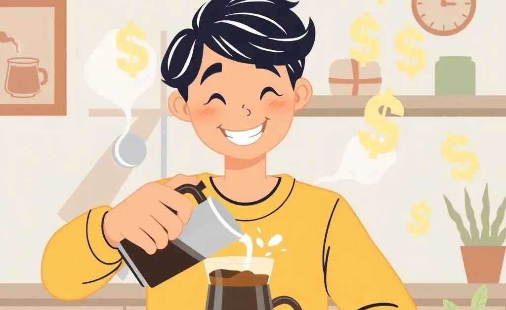 Brewing coffee at home with savings in background