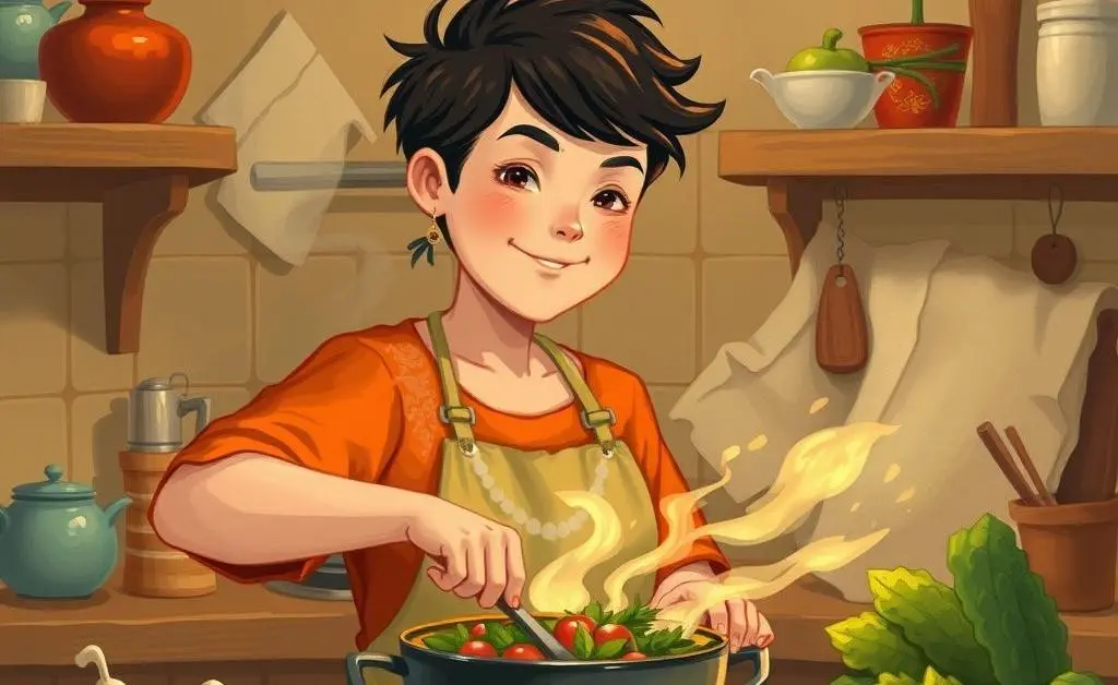 A person cooking in a warm kitchen