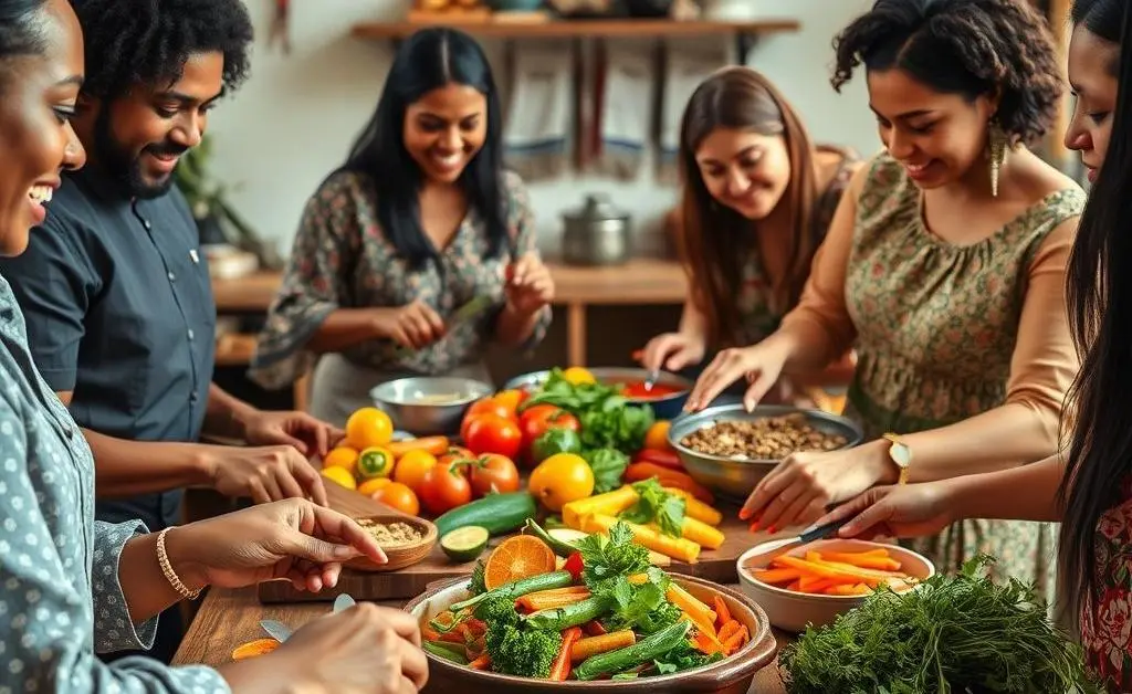Hands of a diverse group of people preparing a colorful homemade meal