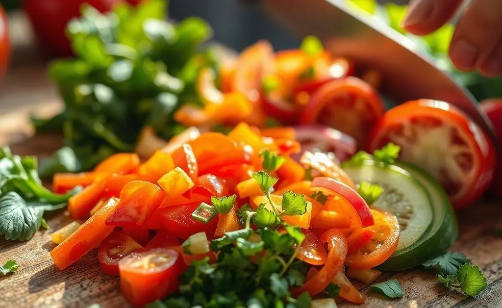 Close-up of fresh ingredients being chopped on a cutting board