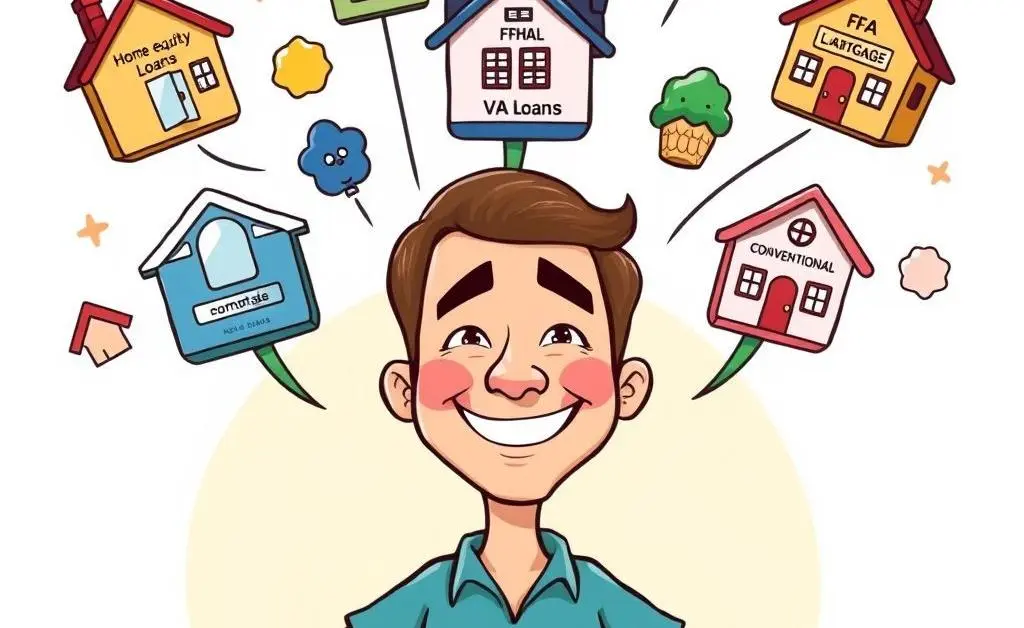 Cartoon of a homeowner with various loan options hovering around their head
