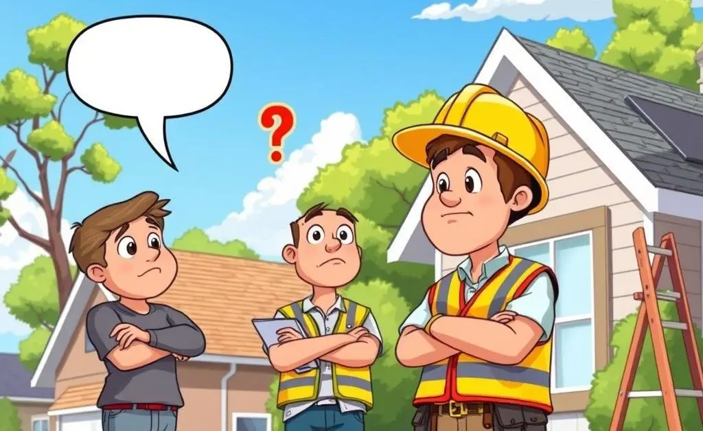 Cartoon of a homeowner asking questions to a roofing contractor