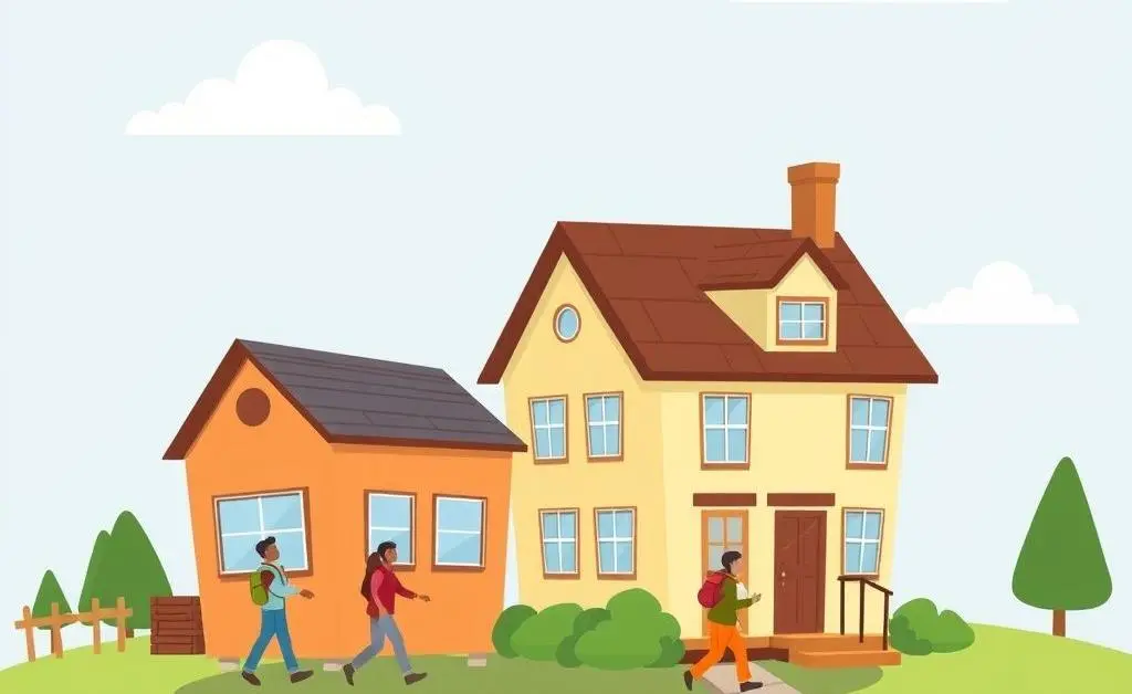 A cartoon-style journey from one house to another