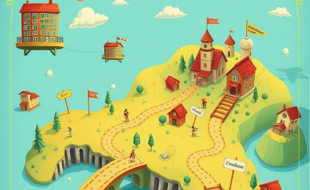 A whimsical and colorful map that charts a journey from renting to homeownership.