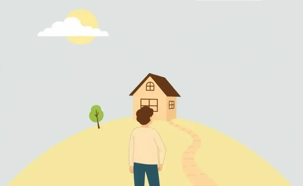 Modern minimalist cartoon of a person on a journey to homeownership, illustrating pathways leading to a house.
