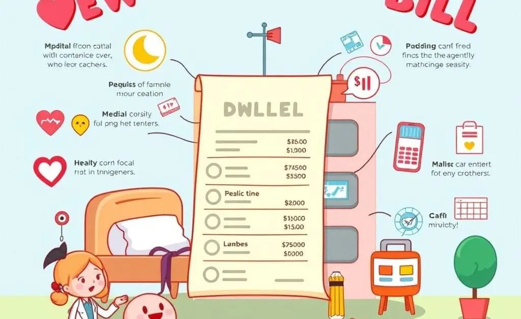 A cartoon-style infographic showing the breakdown of a hospital bill.