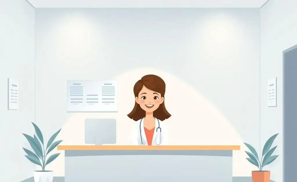 Minimalist illustration of a hospital billing department with a friendly receptionist.