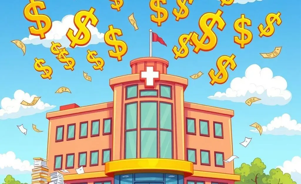 Illustration of a hospital with paperwork and dollar signs above it.