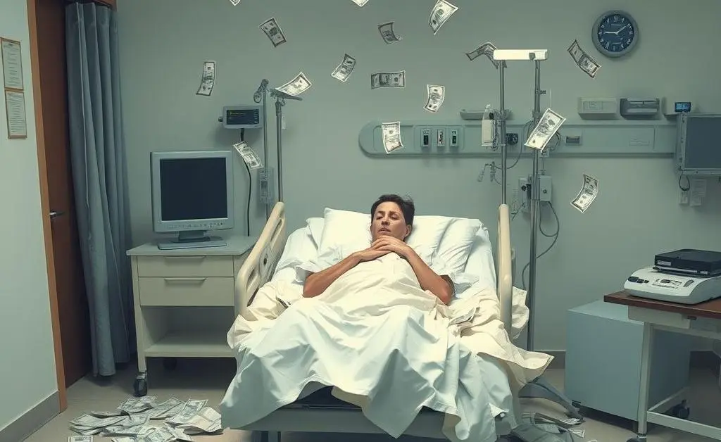 Hospital room with bills scattered around a patient bed