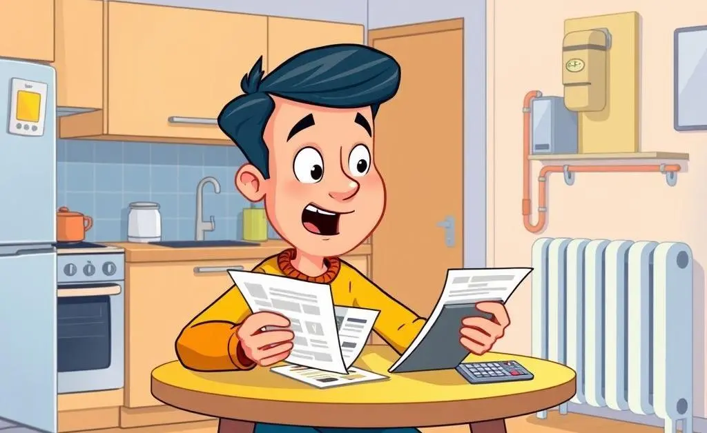 A cartoon-style illustration of a person budgeting for utility costs in an apartment with central hot water.