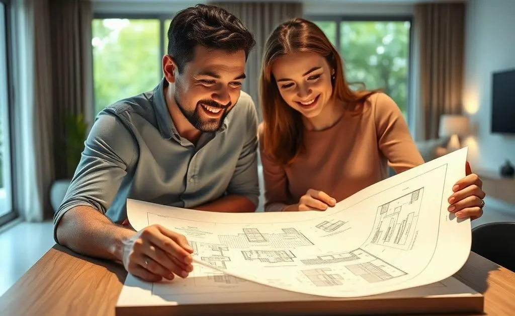 A couple looking at a house blueprint, indicating new ideas in home buying