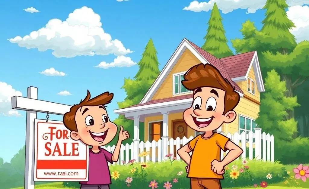 Two cartoon characters excitedly looking at a house for sale.