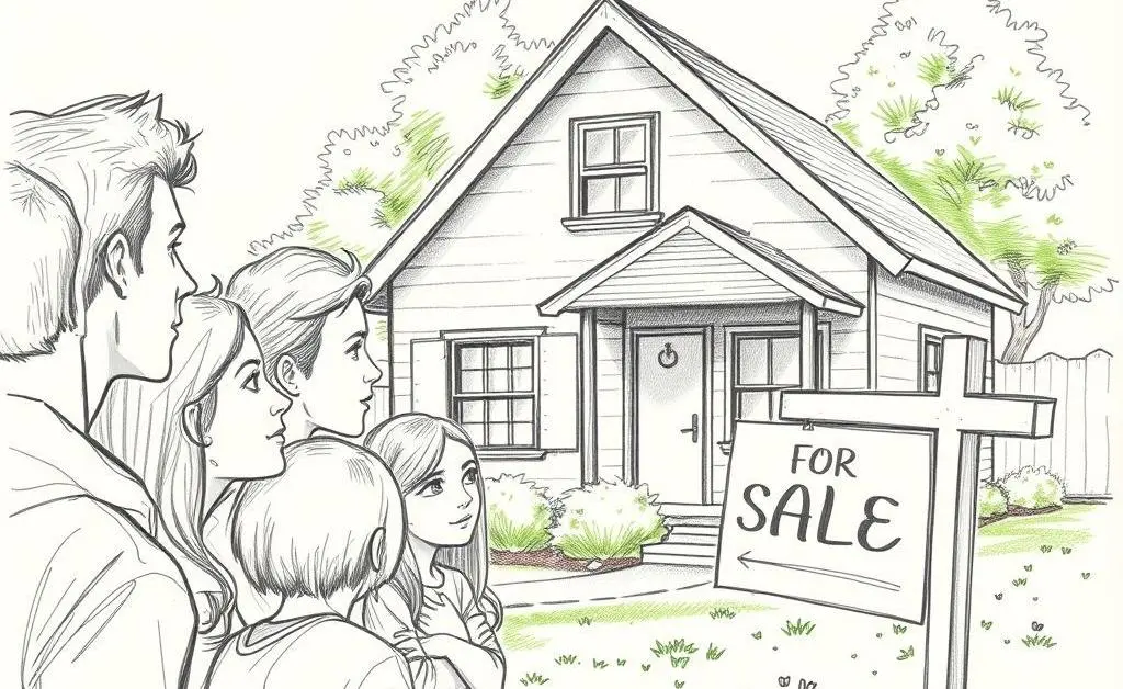 A small group of people looking at a house with a 'for sale' sign.