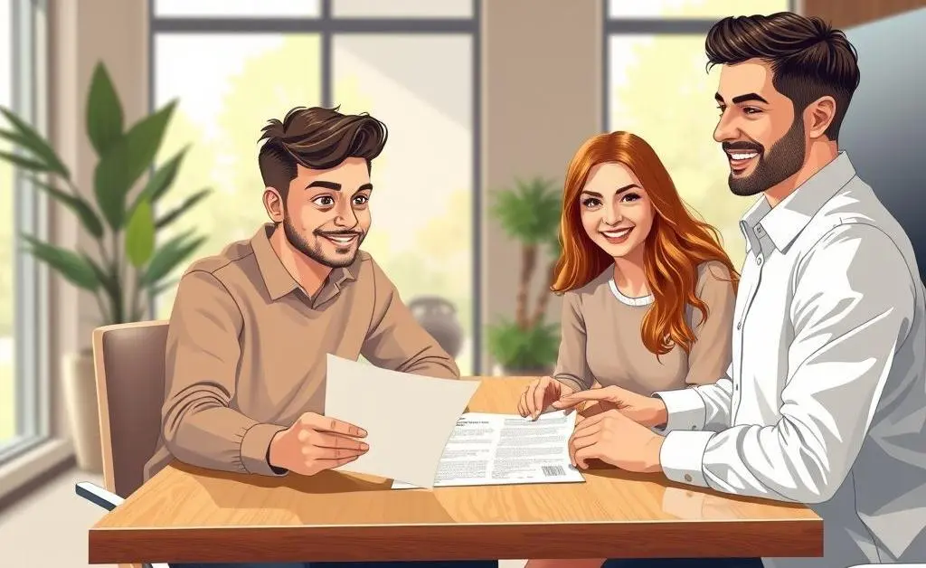 Young couple reviewing a house loan agreement with a smiling banker