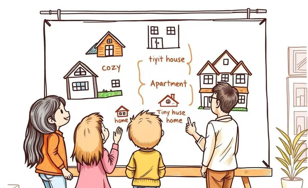 A family discussing various house types