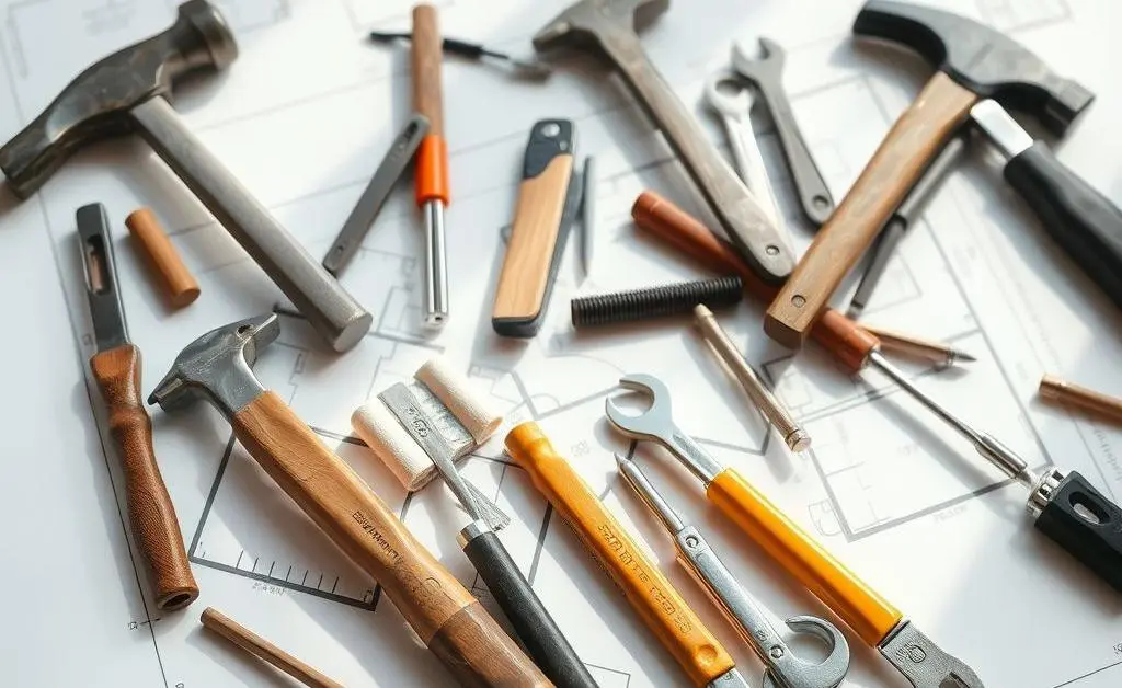 Tools scattered on a blueprint for home renovation.