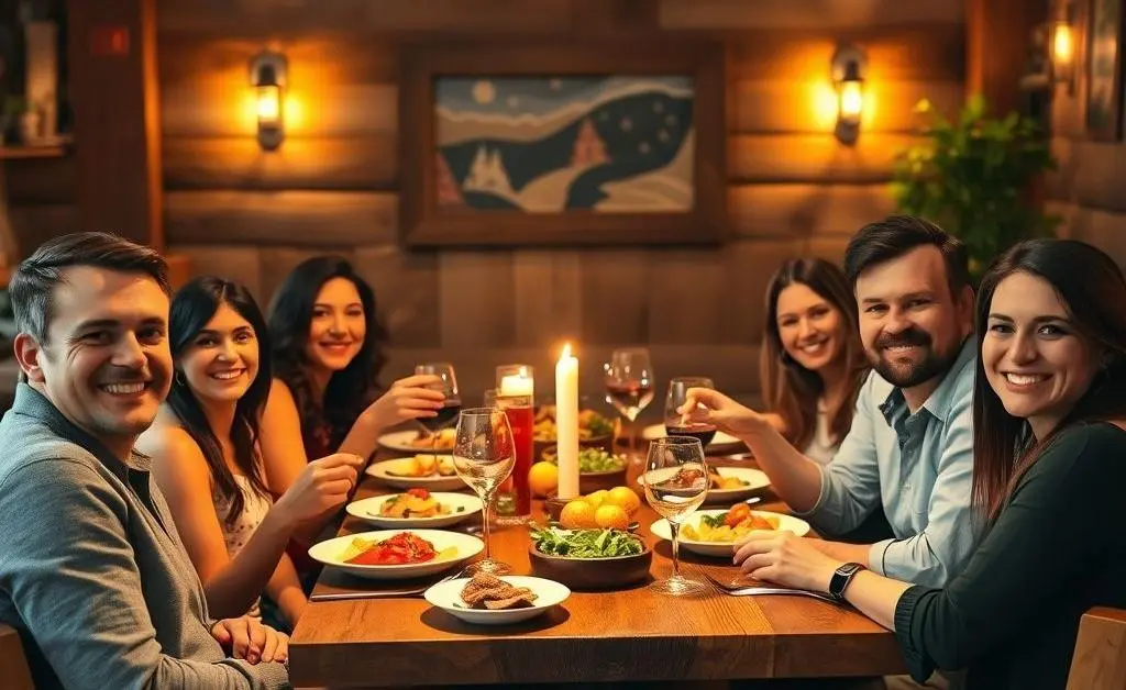 A happy group of people sharing a meal in a warm, inviting dining room