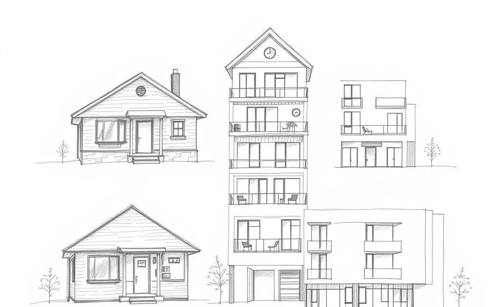 An illustration showing different home options: a bungalow, a townhouse, and a condo.