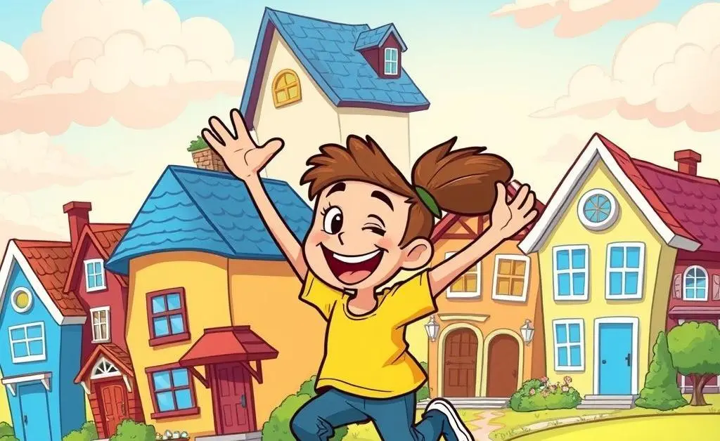 A playful illustration of a person excitedly touring different houses, cartoon-style.