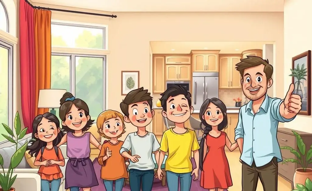 Cartoon showing a family touring a house with a relaxed realtor