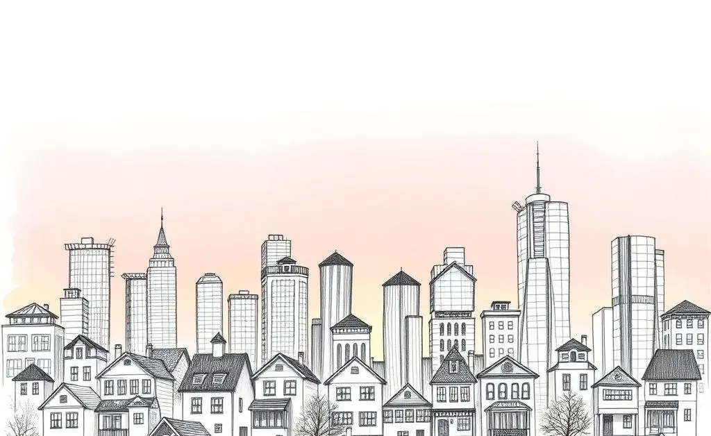 A hand-drawn city skyline with various homes to symbolize the housing market.