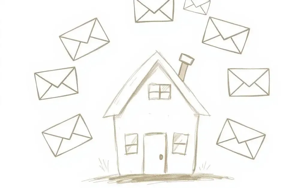 A hand-drawn image of several envelope symbols, representing housing queries, floating around a house.