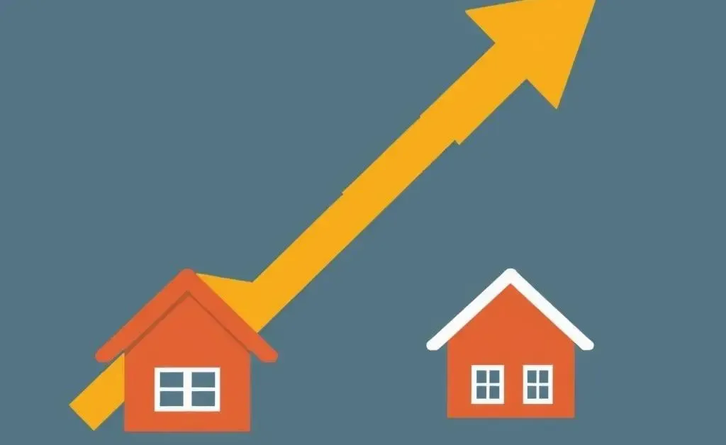 Graphical representation of housing market trends with upward and downward arrows.
