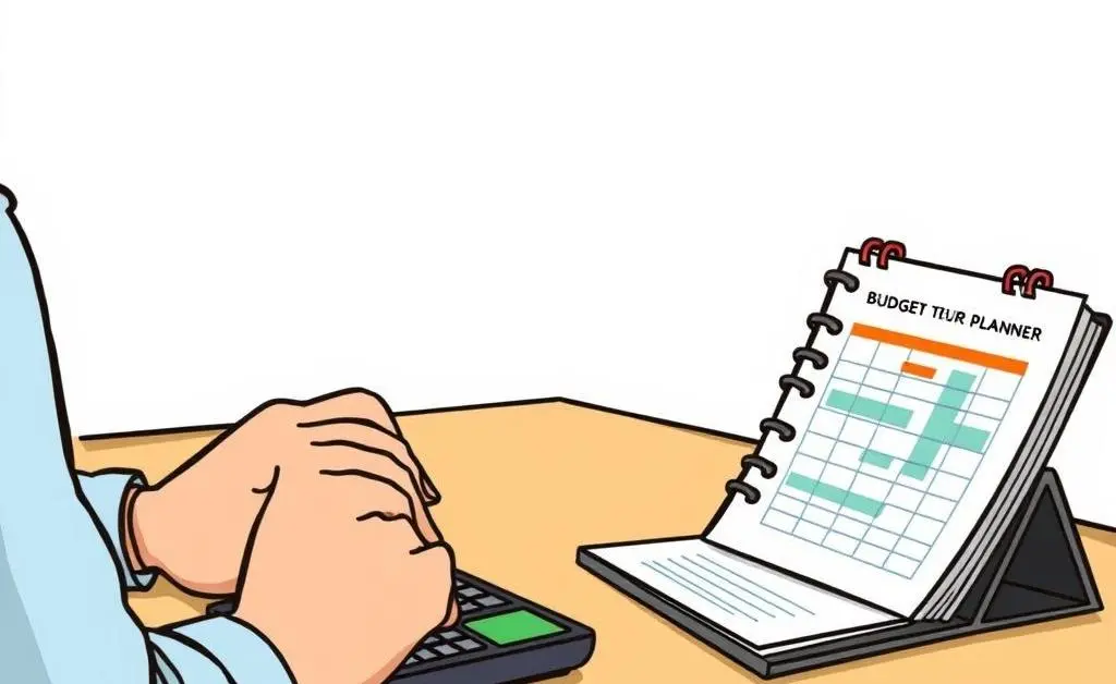 A cartoon of someone using a calculator and a budget planner.