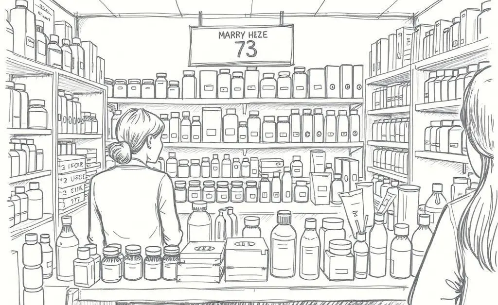 A hand-drawn scene of a pharmacy counter with health products.